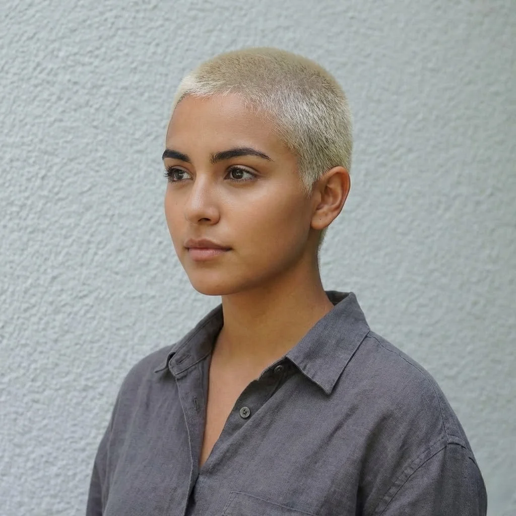 White blonde buzz cut style for women